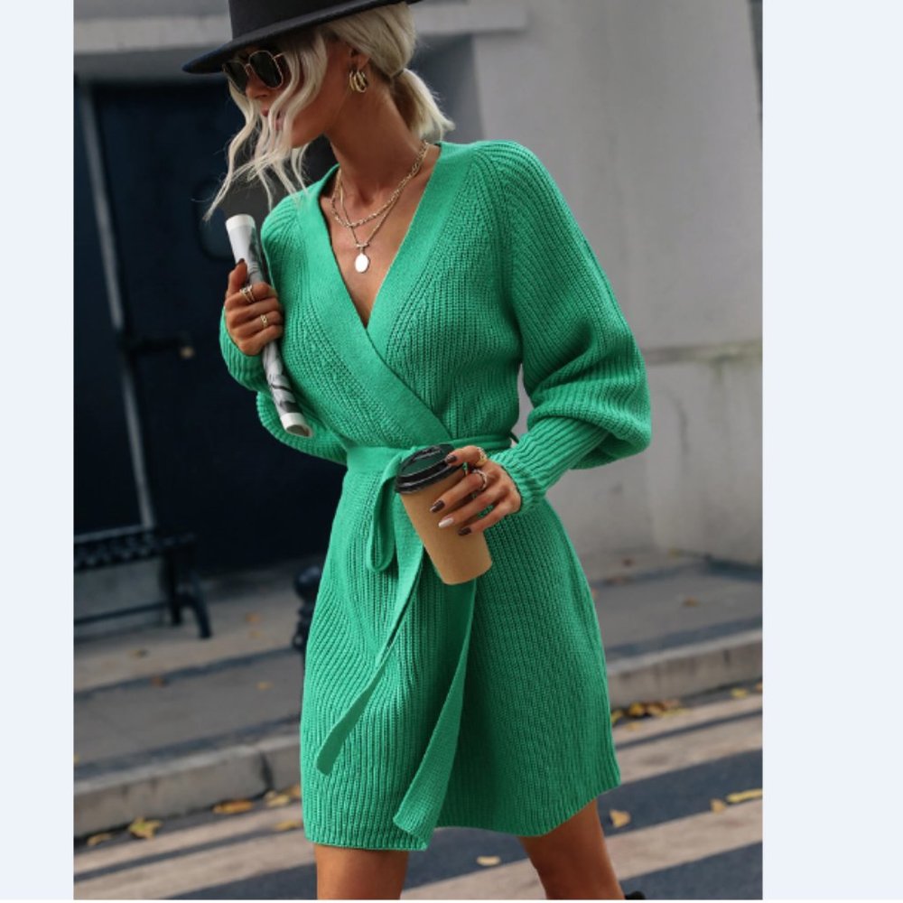Rib-Knit Lantern Sleeve Belted Sweater Dress - Picture 12 of 16